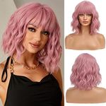 Esmee Short Wave Pink Bob Wigs With Bangs Shoulder Length Wig Curly Wavy Synthetic Cosplay Wigs for Women-12 Inches