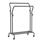 SONGMICS Clothes Rail, Clothes Rack, Double Clothes Hanging Rail, Heavy-Duty Metal Frame, with Wheels and Shelf, 100 kg Total Max. Load, 103.5 cm Wide, Clothing Storage, Black HSR107B01