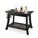 VVW Bamboo Shower Bench & Stool with Storage Shelf, Bath Benches for Inside Shower, Bathroom Stools 2-Tier Spa Seat for Adults Elderly (Black)