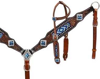 Showman Tooled Leather Headstall & Breast Collar Set w/Blue Beaded Inlays