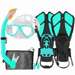 Kids Mask Snorkeling Set with Fins Anti Leak Snorkeling Gear for Kids with Adjustable Flippers, Youth Junior Full Dry Snorkel Set Swimming Goggles with Nose Cover Diving Mask Scuba with Bag, 5-14 Yrs