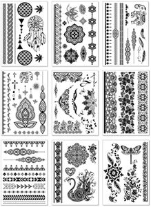 9 Sheets Black Lace Temporary Tattoo Stickers For Women Adults Teens Girls - Lace Mehndi Mandala indian tattoo Sexy Body Art Waterproof Tattoo Stickers Wedding Party