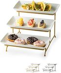 Cormomu 3 Tier Serving Tray, Tiered Serving Stand Display Set for Entertraining Dessert Table Serving Tray with Stand, White Ceramic Banquet Serving Platters for Party, 12 Inches (Gold)