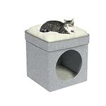 Bonlife Winter Felt Small Cat House Indoor,Foldable Pets Bed Cave Kennel with Two Move Cushion,Dog Bed Warm Comfortable,Light Grey,32X32X39CM