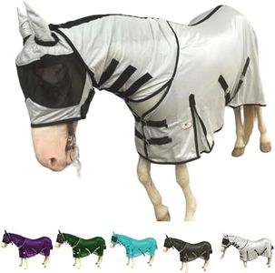 Majestic Ally Horse Fly Sheet with Neck Cover and Head Mask, Breathable UV and Bite Equine Protection, Adjustable Body Straps, Boarding or Turnout Accessory, Contoured Fit (Silver, 80 Inch)