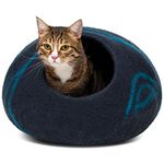 MEOWFIA Premium Felt Cat Bed Cave- Handmade 100% Merino Wool Bed for Cats and Kittens (Dark Shades) (Medium, Black Aqua)