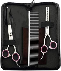 PetVogue Dog Grooming Scissors Kit, 3 Pack, Safety Round Tip, Stainless Steel Titanium Coated, Thinning, Straight, Curved Shears & Comb, Case, 1 Count