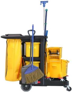Restaurantware RW Clean 44.3 x 20.1 x 37.8 Cleaning Cart 1 Heavy-Duty Janitorial Cart - With 3 Shelves 20-Gallon Nylon Bag Plastic Housekeeping Cart Wheeled For Commercial Use