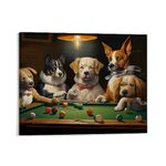 Pool Playing Dogs -Oil Painting On Canvas Modern Wall Art Pictures For Home Decoration Wooden Framed (20x16 Inch, Framed)