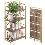 4NM No Assembly Folding Bookshelf, 4 Tier Vintage Industrial Book Shelf,Metal Foldable Storage Bookcase and Bookshelves for Living Room,Bedroom and Kitchen - Brown