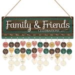 CHDITB Vintage Family& Friends Celebrations Reminder Calendar Board(16"x5"), DIY Birthday Gift for Mother's Day Valentine's Day Christmas, Inspirational Quotes Wooden Birthday Tracker Plaque Wall Hanging with 100 Heart/Circle Tags