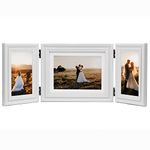 WISADD 3 Vertical Horizontal 4X6 and 5X7 Picture Frames Hinged Wood Folding Photo Frames with Real Glass Front Fit for Desktop or Tabletop, White XBAI-V46H75V46