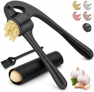 Kitchen Garlic Press, Rust Proof & Dishwasher Safe Garlic Mincer, Durable Garlic Crusher Set with Peeler&Brush, Easy to Clean and Squeeze, Black