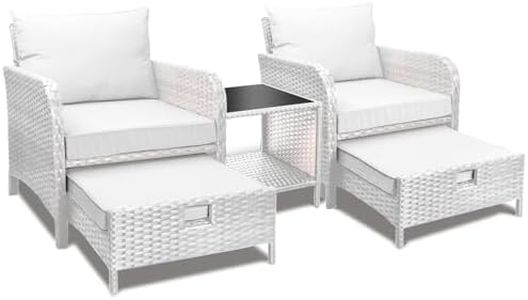 LEVELEVE Balcony Furniture 5 Piece Patio Conversation Set, PE Wicker Rattan Outdoor Lounge Chairs with Soft Cushions 2 Ottoman&Glass Table for Porch, Lawn-Grey Wicker