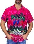 V.H.O Funky Hawaiian Shirt Men Shortsleeve Frontpocket Hawaiian-Print Parrot Flowers, Pink, Small