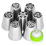 Russian Piping Tips Kit, Cake Piping Nozzles Tips 7 PCS Stainless Steel Piping Tips and 1PCS Coupler Syringe Icing Piping Nozzle Stainless Steel Icing Tips for Cream Cupcake Cookie Cake Decorating