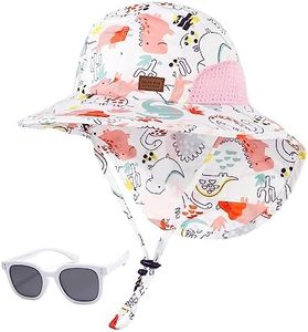 WINZIK Toddler Sun Hats with Neck Flap Infant Baby Boys Girls Waterproof Swim Hat with Sunglasses Kids UPF 50+ Beach Caps, Blue Dinosaur 2#, 3-24 Months
