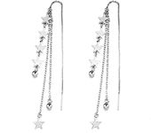 El Regalo 925 Silver Plated Minimalist Long Thin Linear Stars Elegant Threader Dangle Chain Earrings for Girls & Women (Multi Strands Stars Threader)