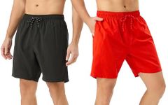 TEX2FIT Men's 7 Inch Swim Shorts with Mesh Liner, 2-Pack Classic Solid Color Swim Trunks with Pockets 7” Inseam (Black/Red, Large)