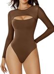 Avidlove Crew Neck Long Sleeve Shapewear Bodysuit Mesh Sheer Cutout Tops for Women Brown S