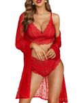 RSLOVE Women Sexy Lingerie Set 3 Piece Lace Kimono Robe with Bra and Panty Sheer Sleepwear Red XL