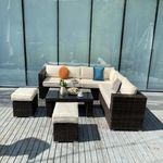 LOCCUS 6 Pcs Outdoor Conversation Set Patio Furniture Set All Weather Wicker Sectional Couch Sofa Dining Table Garden,Poolside,Balcony,Backyard.(Brown and Offwhite Color)