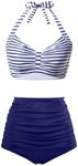 Holipick Women High Waisted Bikini Sets Two Piece Swimsuit Tummy Control Bathing Suit Halter Top with Full Coverage Bottom, Blue Stripe, Small