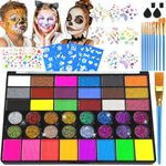 Professional Face Painting Kit for Kids – 42 Color Water Activated Facepaint Makeup Kit, Non-Toxic face Paint with Stencils, Gems, Brushes– for Halloween, Parties, Carnival, School Event & Festivals