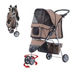 PawHut Deluxe 3 Wheels Pet Stroller Foldable Dog Cat Carrier Strolling Jogger with Brake, Canopy, Cup Holders and Bottom Storage Space (Coffee)