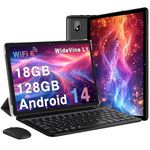 2024 Newest Tablet Android 14 Tablets with 128GB ROM+18GB RAM (4+14 Virtual), 1TB Expand 2 in 1 10.1 Tablet with Keyboard, Powerful Octa-Core, WiFi 6, BT5.0, 6000mAh, Widevine L1, Black