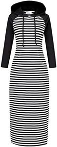 MISSKY Women's Casual Pocket Slim Pullover Hoodie Maxi Dress (RaglanLongs B&W,L, Black&white, Large