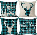 Ramirar Set of 4 Have A Holly Jolly Christmas Ice Snowflake Trees Hat Bell Deer Antler Blue Decorative Throw Pillow Cover Case Home Living Room Bed Sofa Car Cotton Linen Square 18 x 18 Inches