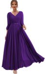 Chiffon Mother of The Bride Dresses for Wedding Beaded Long Formal Dress with Sleeves V Neck Evening Gown, Purple, 24 Plus