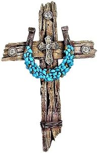 Rustic Drifted Wood Look Wall Cross with Turquoise Decor Horseshoe Spiritual Wall Art