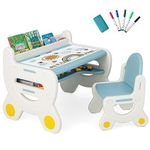 GYMAX Kids Table and Chair Set, Plastic Children Activity Table with Watercolor Pens, Blackboard Eraser & Storage Shelf, Toddler Drawing Desk Set for Playroom Nursery (Blue+White)