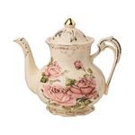 YOLIFE Pink Rose Teapot, 800ml - 4 Cup Ceramic Teapot, Vintage Ivory Floral with Gold Leaves Edge Design, Gift for Women