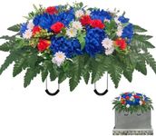 Iarxoxt Headstone Flowers – Artificial Cemetery Flowers for Grave, Artificial Blue Roses and Chrysanthemums Mixed - Easy to Install Cemetery Flowers for Grave Saddle