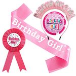 4 PCS Glitter Birthday Sash Set, Birthday Girl Sash with Tiara and Badge, Beautiful Girl Sash for Sweet Birthday Party Accessories (Pink)