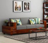 NEW MAMTA FURNITURE Solid Sheesham Wood Sofa Set 3 Seater with Attached 2 Shelf Drawers, Cushions for Living Room, Bedroom, Office, Hotel & Lounge (Honey Finish), Brown, 3-Person Sofa