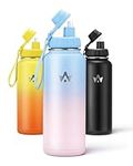 ALongSong Metal Insulated Water Bottle 1 L, Stainless Flask for Hot Drink/Cold Drink with Bouncing Straw, Non-Slip Silicone Bottom,BPA Free,Leakproof for Sports, 2 Cup Lids-Blue