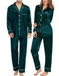 SWOMOG Couples Matching Pajamas Sets Silk Satin Long Sleeve Pj Set Soft Button Down Sleepwear 2 Pcs Loungewear Men Deep Green Medium