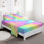 Jekeno Kids Bedding Flat Fitted Sheet Set Full Size, Gilry Rainbow Tie Dye Pastel Glitter Microfiber Bed Sheet with Deep Pocket Fitted Sheet + Flat Sheet + 2 PCS Pillow Shams for Boys Girls Teenager