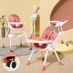 TONY STARK LATEST 5 in 1 2024 Model, Reclining foldable Baby High Chair with wheels , Dual Dining Detachable Food Tray, Height Adjustable Feeding Seat, Five Point Safety Belt, Upgraded Version PU Cushion Pad, Easy to Clean for Baby, Kids, Toddler (Printed Orange)