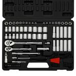 EMENTOL 94PCS 1/4" and 3/8" Drive Master Socket Set, CR-V, SAE/Metric Mechanic Tool Set with Ratchet, Bits, Extension Bars, Universal Joint, Adapter, Hex Keys