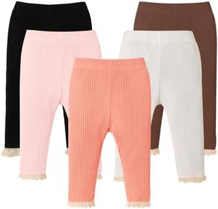 DREAM BUS 5 Pack Baby Girl Pants Toddler Girl Solid Ribbed Pants with Lace Trim Newborn Cotton Leggings Infant Jogger Pants