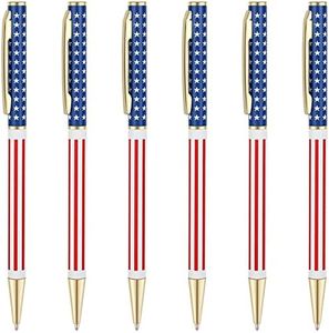Unibene Slim Metal Retractable Ballpoint Pens Bulk of 6 Count, Gold Patriotic American Flag for Swat, Veteran, Souvenir, Promotion, Medium Point(1 mm Black Ink), School and Office Supplies