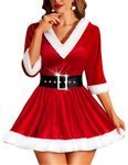 RSLOVE Women Christmas Lingerie Sexy Santa Outfit 2Pcs Velvet Costume Babydoll Chemise Holiday Dress with Belt Red L