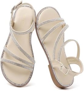 Tilocow Rhinestone Strappy Flat Sandals for Women Dressy Sparkly Summer Open Toe Slingback Ankle Strap Sandals for Wedding Party Daily