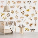 Boho Flower Wall Decals Wildflower Floral Dandelion Grass Autumn Fall Leaves Butterfly, Moth, Bee, Plants Wall Stickers Watercolor Vintage Botanical Baby Nursery Girls Bedroom Kids Room Wall Decor