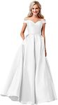 Clothfun Off Shoulder Prom Dresses Long Ball Gowns Satin Formal Dresses for Women Evening Gowns with Pockets, Ivory, 18